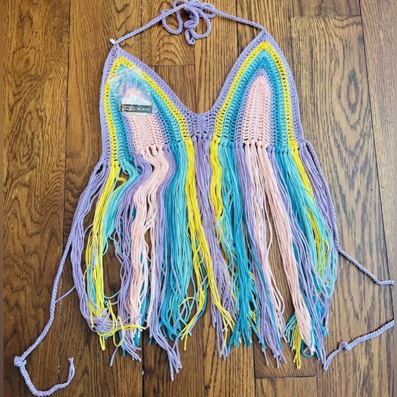 Women’s Boho Fringe Tied Crochet Halter Multicolor Cover Up Top NWT Sz M - Picture 8 of 8